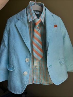 Class Club 3T Set - light blue blazer, blue & orange plaid shirt & removable tie